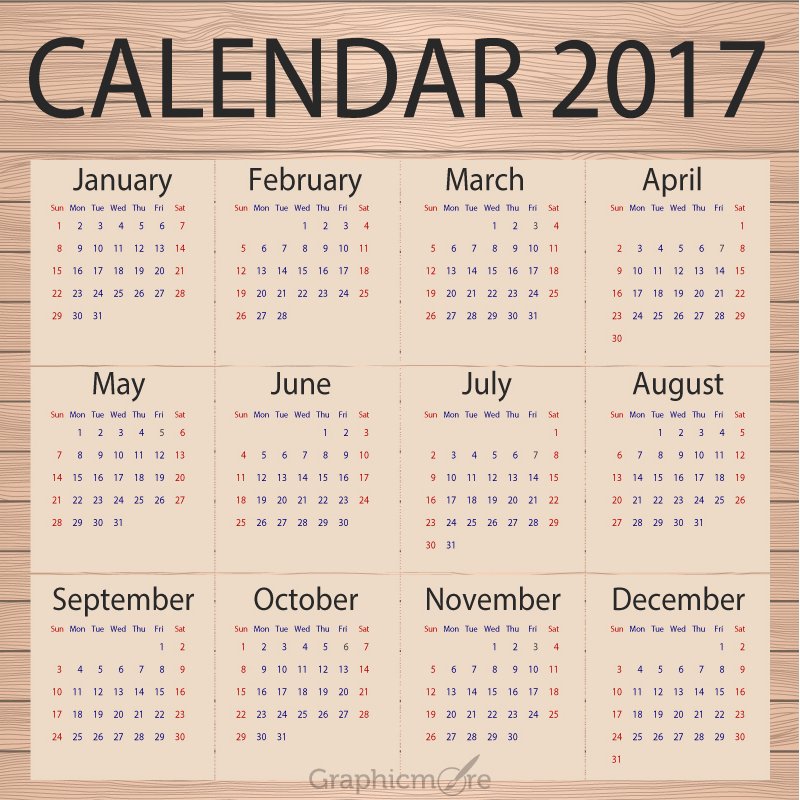 Calendar 2017 Template Design Paper on Wooden Background Free Vector File