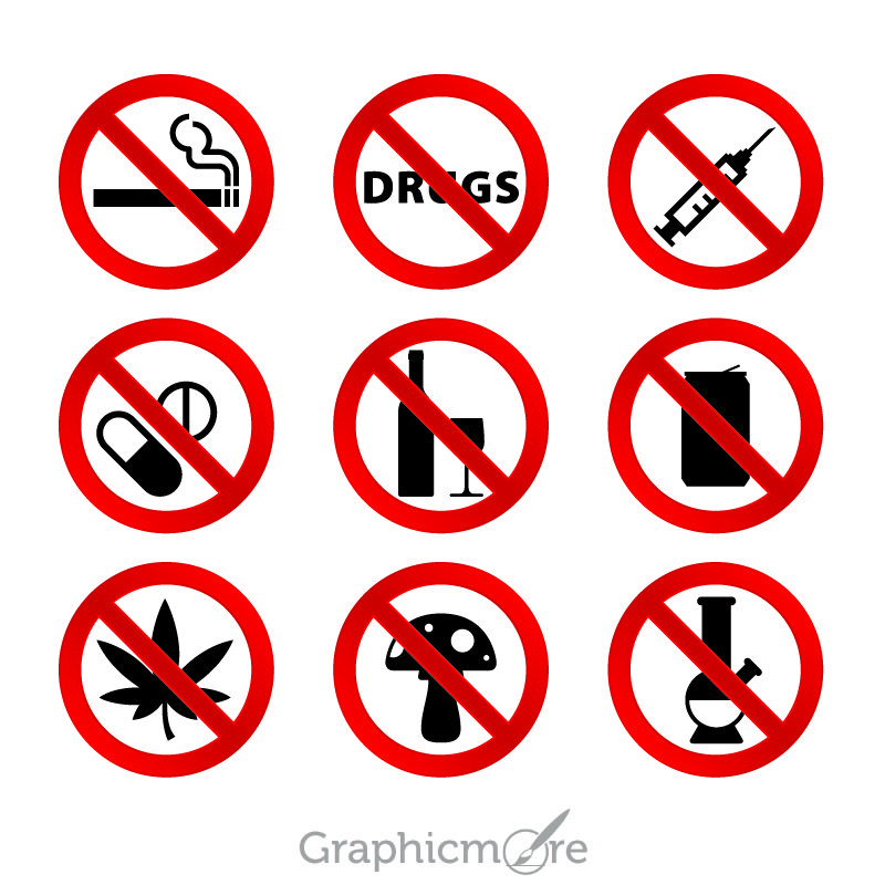 No Drugs Icons Set Design Free Vector File