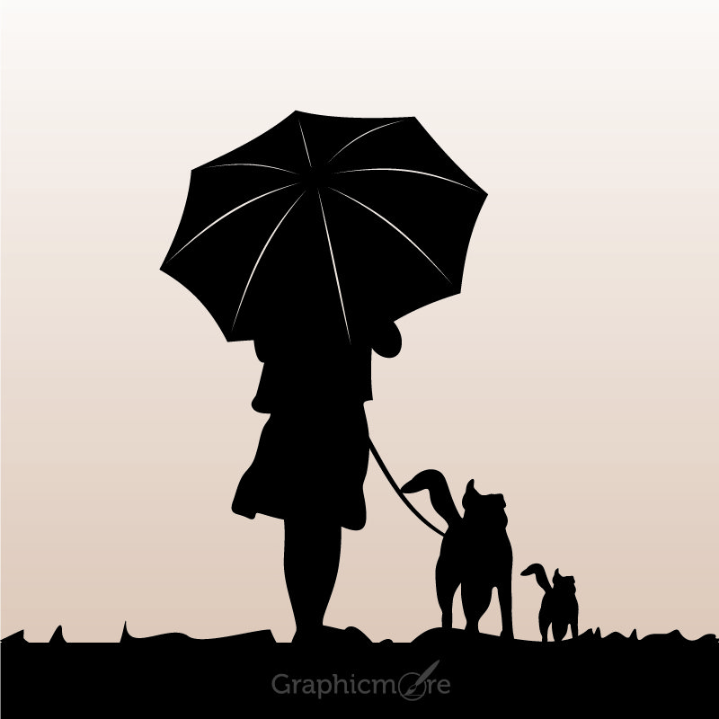 Girl Walking with Dog & Umbrella Silhouette Design Free Vector File
