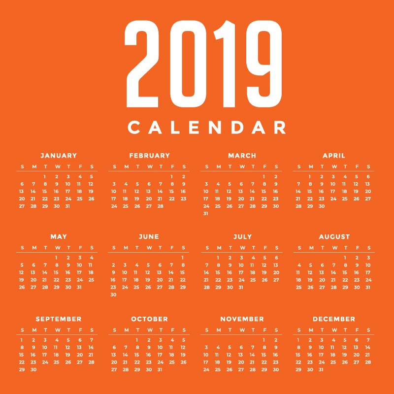 Minimal Orange New Year 2019 Calendar Design by GraphicMore