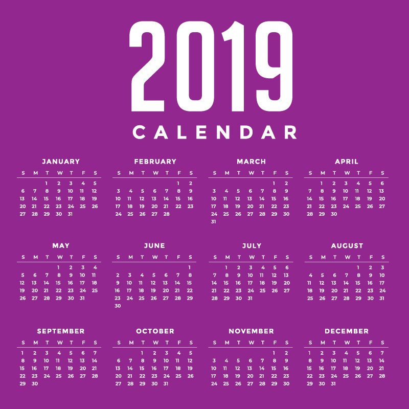 Minimal Purple New Year 2019 Calendar Design by GraphicMore