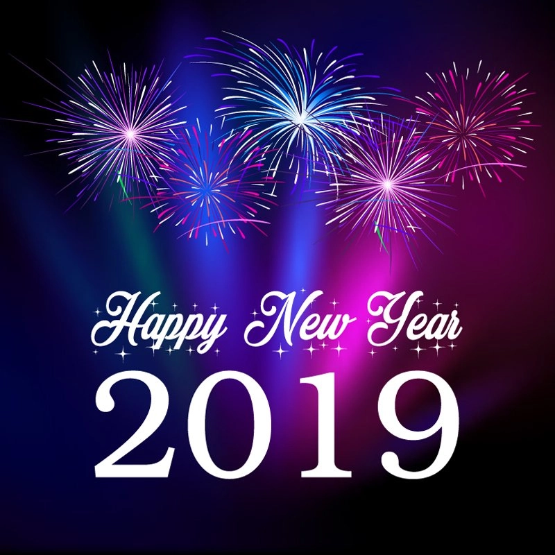 Happy New Year 2019 Card with Colorful Fireworks Celebration