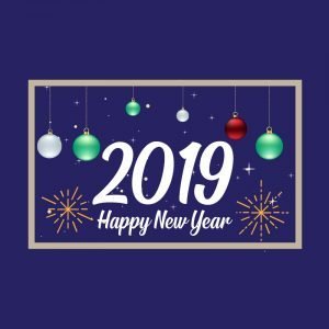 Happy New Year 2019 Card with Fireworks and Balloons Celebration