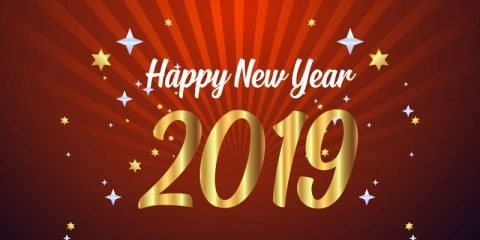 Happy New Year 2019 Card with Stars and Red Background