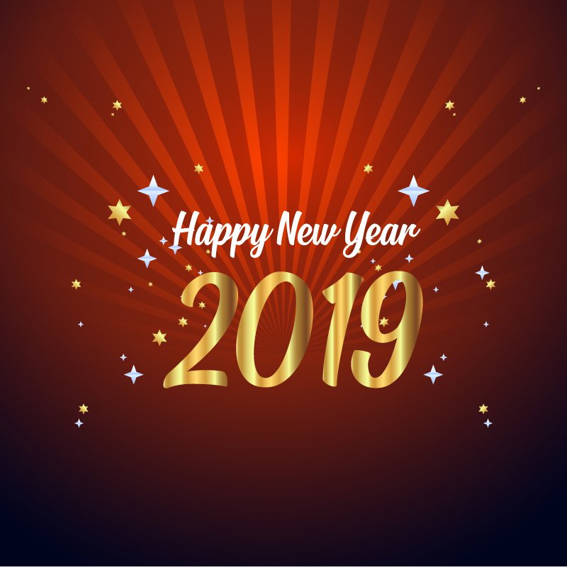 Happy New Year 2019 Card with Stars and Red Background