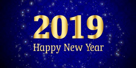 Happy New Year 2019 Celebration with Shiny Sparkles Blue Background