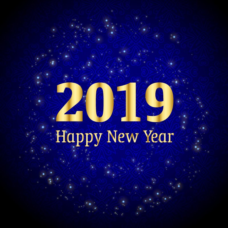 Happy New Year 2019 Celebration with Shiny Sparkles Blue Background