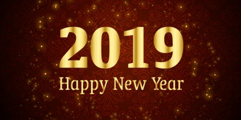 Happy New Year 2019 Celebration with Shiny Sparkles Brown Background