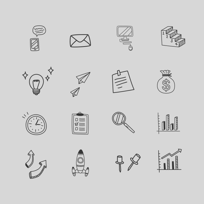 16 Hand Drawn Business Icons Design Free PSD Download