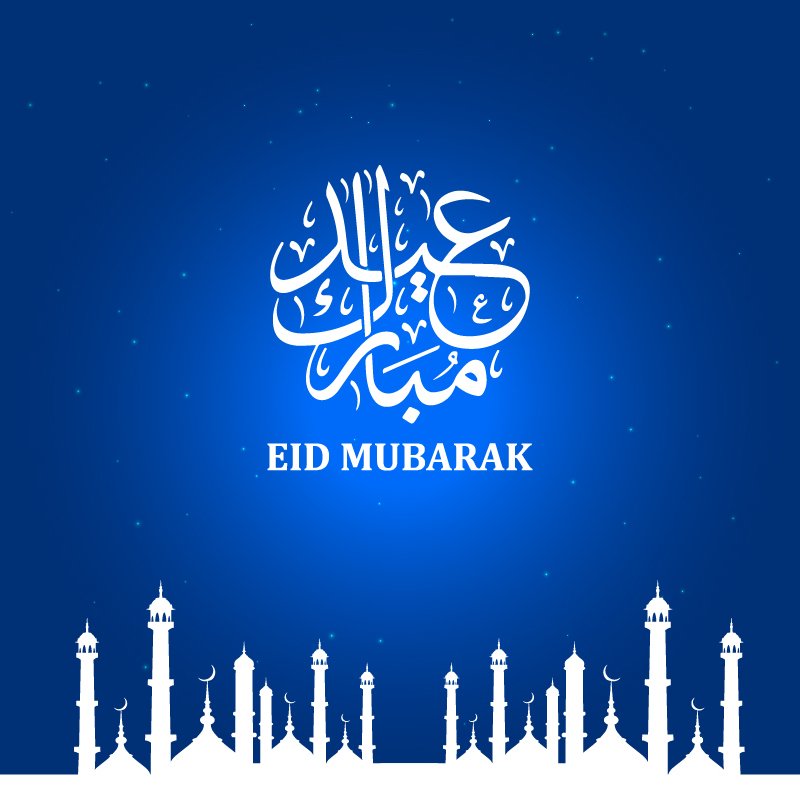 Eid Mubarak Card Vector Design with Blue Gradient Background