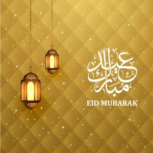 Eid Mubarak Card with Hanging Lanterns and Golden Background