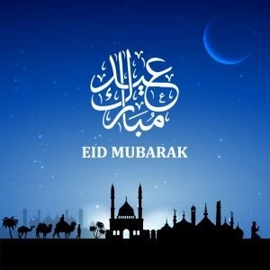 Eid Mubarak Card with Mosque and Blue Background Design