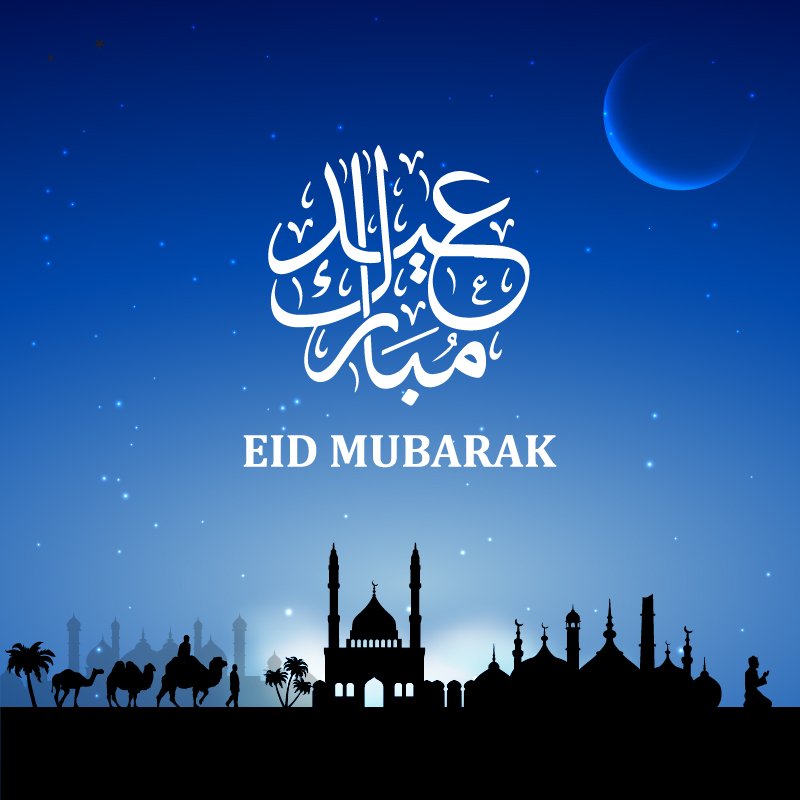 Eid Mubarak Card with Mosque and Blue Background Design