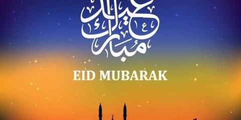 Eid Mubarak Card with Mosque and Gradient Background Design