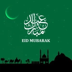 Eid Mubarak Card with Mosque and Green Background Design