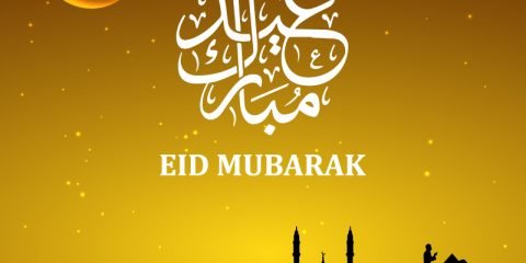 Eid Mubarak Card with Mosque and Yellow Background Design