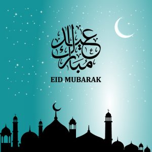 Eid Mubarak with Mosque Greeting Card Free Vector Design