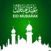Eid Mubarak Card Design with Beautiful Mosque & Green Background
