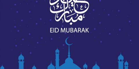 Eid Mubarak Card Design with Mosque and Moon on Blue Background