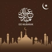 Eid Mubarak Card Design Free Vector with Mosque and Moon