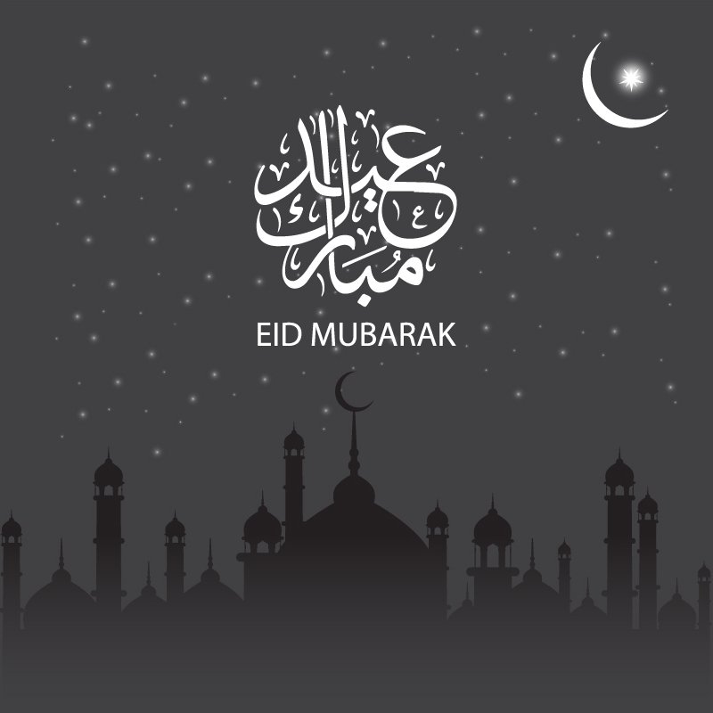 Eid Mubarak Card Design with Mosque and Moon on Gray Background