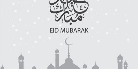 Eid Mubarak Card Design with Mosque on Light Gray Background