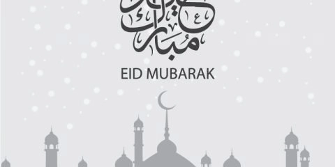 Eid Mubarak Card Design with Mosque on Light Gray Background