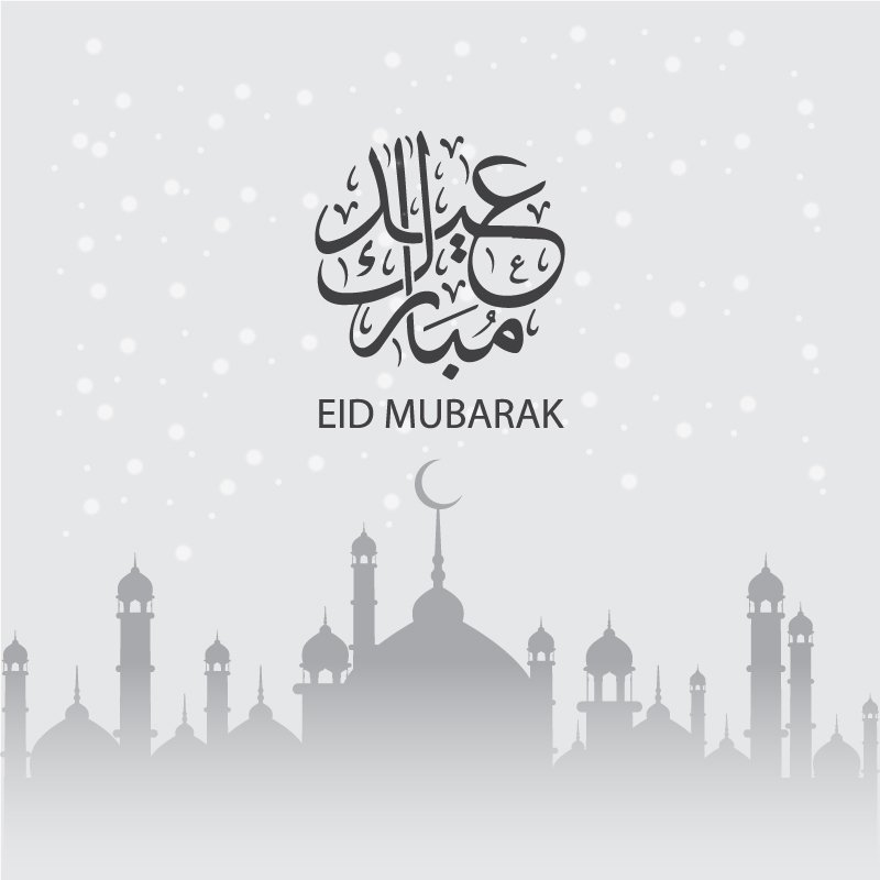 Eid Mubarak Card Design with Mosque on Light Gray Background