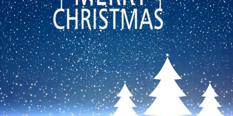 Christmas Poster On Blue Background With Snow And Tree Stock