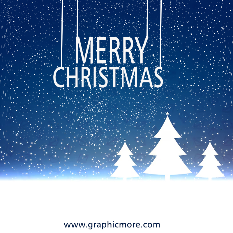 Christmas Poster On Blue Background With Snow And Tree Stock